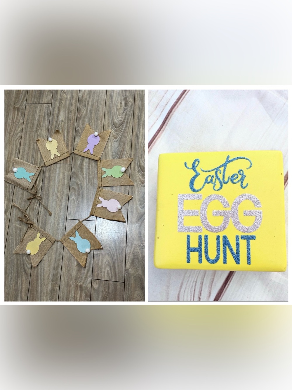 3ft. Burlap Bunny Banner & Yellow Easter Egg Hunt Decorative Ceramic Block 4”x4”